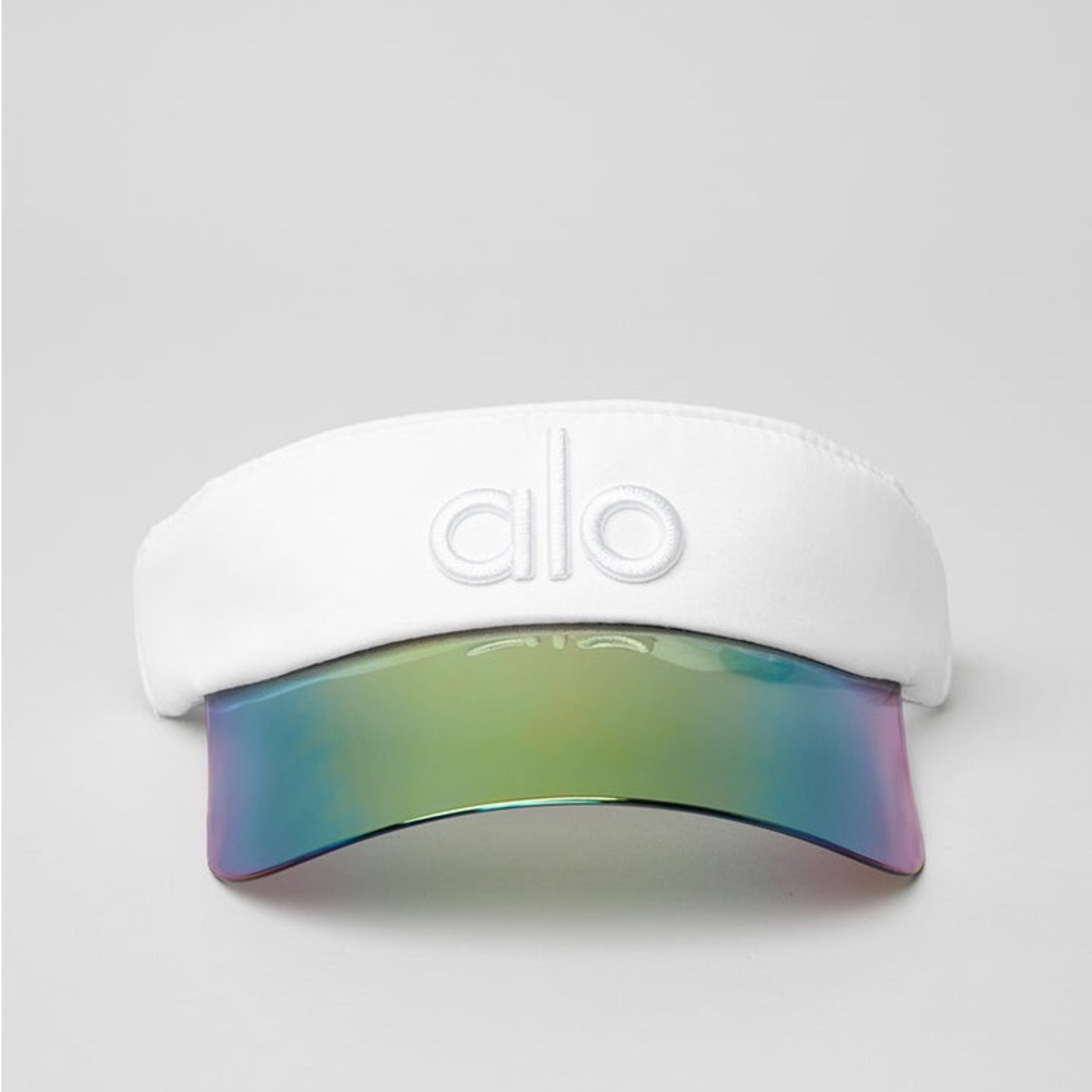 ALO Yoga airlift Solar Visor in white with Rainbow Brim